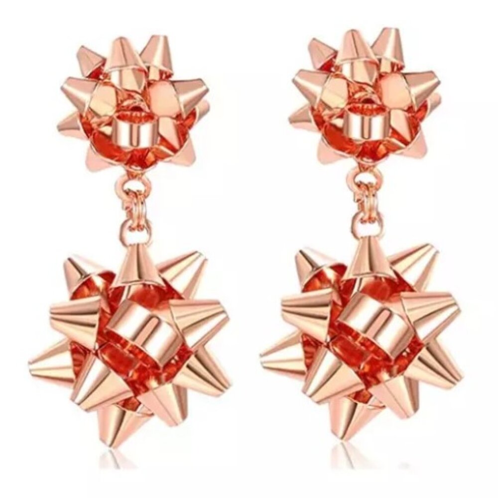 Rose Gold Christmas Present Bow Dangle Earrings - Festive‎ Holiday Jewelry Gift